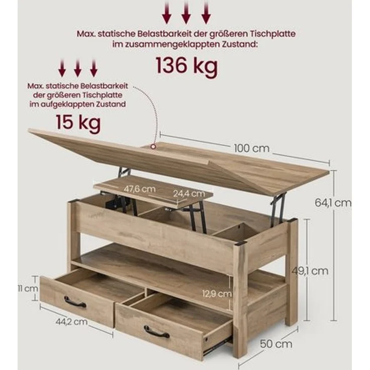 VASAGLE Couchtisch, Wohnzimmertisch, Gaszylinder, höhenverstellbar, viel Stauraum, Kaffeetisch, für Wohnzimmer, braun – Bild 2