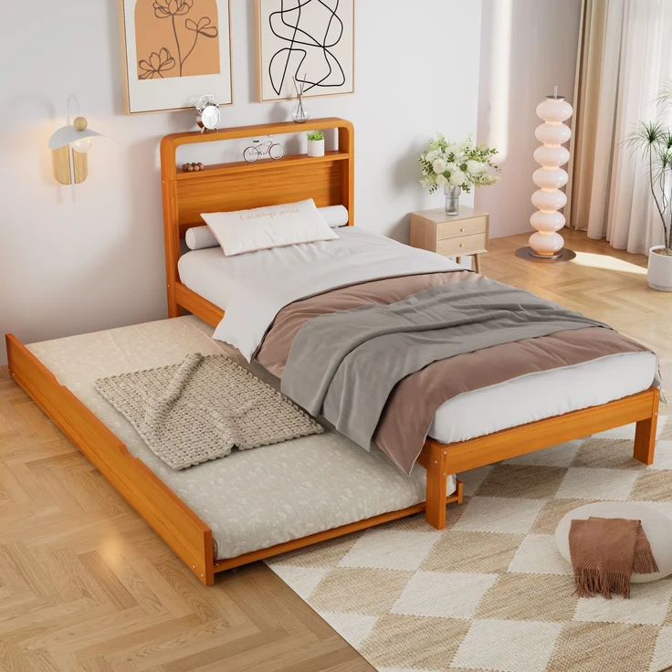 Merax Holzbett, Einzelbett, Kinderbett, 90x200 cm, mit Ausziehbett 90x190 cm, Funktionsbett mit links/rechts montierbarem Gästebett, Natur – Bild 5
