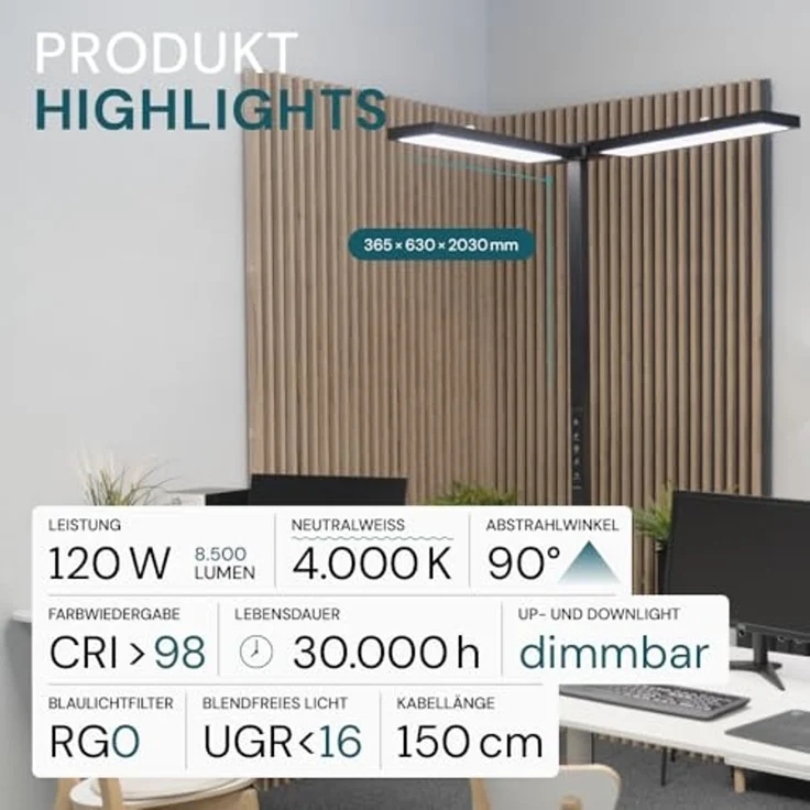 LUXULA LED-Büro-Stehleuchte, Up/Down, 120W, 4000K, EEK: F, 8500lm, IP20, dimmbar, schwarz – Bild 2