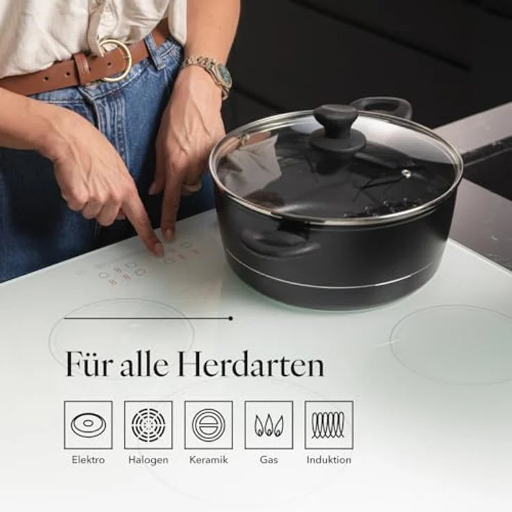 FLORINA Aluminium Topf (6,5 l) 28 cm I Kochtopf DELUX mit Glasdeckel I Messbecher & Antikratz-Beschichtung I Topf mit Induktionsboden I Geeignet für Induktionsherd, Gasherd und Elektroherd (Schwarz) – Bild 4