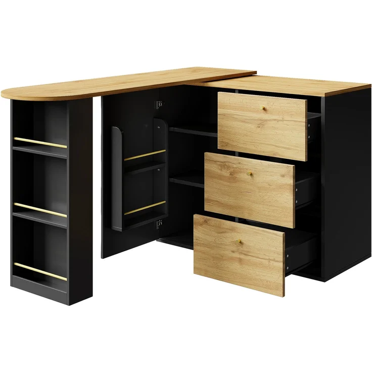 Ausziehbarer Bartisch mit Stauraum(138-204×39×104cm) , 360° drehbare Essbar,Moderner Beweglicher Bar Table,Hochtisch Kücheninsel Bistro Table, Sideboard mit Holzmaserung--Schwarz--120.5x58x13.5cm--YOUDENOVA – Bild 5
