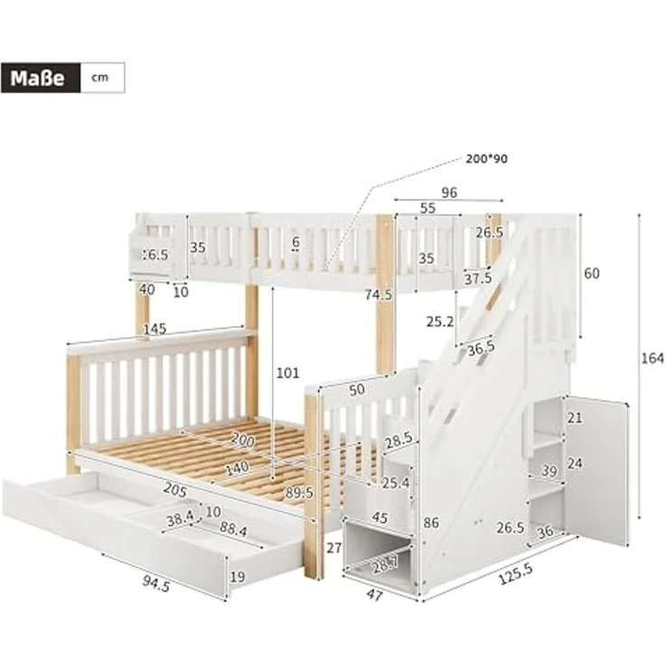 Odikalo Kinderbett Etagenbett Doppelbett Ablagekorb Schublade Treppenschrank 90/140*200cm (Kinder-Etagenbett, Doppelbett, multifunktionales Kinderbett mit Ablagekorb, mit Schublade, mit Treppenschrank, mit Ablageschrank, ohne Matratze, weiß + naturfarben) – Bild 3