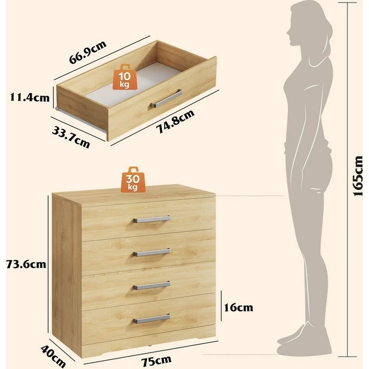 WLIVE Kommode mit 4/5 Schubladen, Moderne Schubladenkommode (Packung, Modernes Sideboard mit 3 Schubladen und 4 Fächern, Breite 75 cm), Vielseitiger Schubladenschrank für Schlafzimmer, Flur & Kinderzimmer – Bild 2