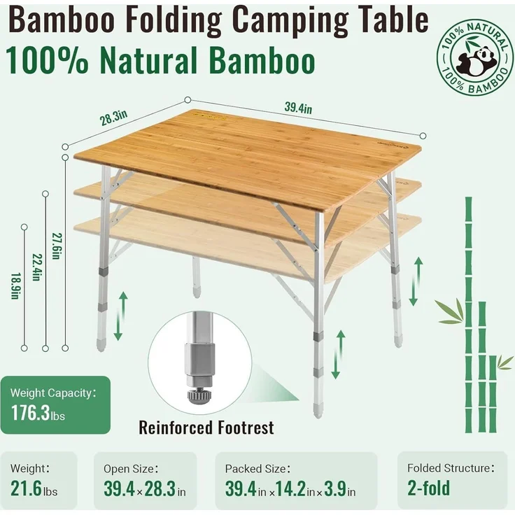 Klapptisch Bambus höhenverstellbar Camping Garten 120x70cm UV-Schutz – Bild 3