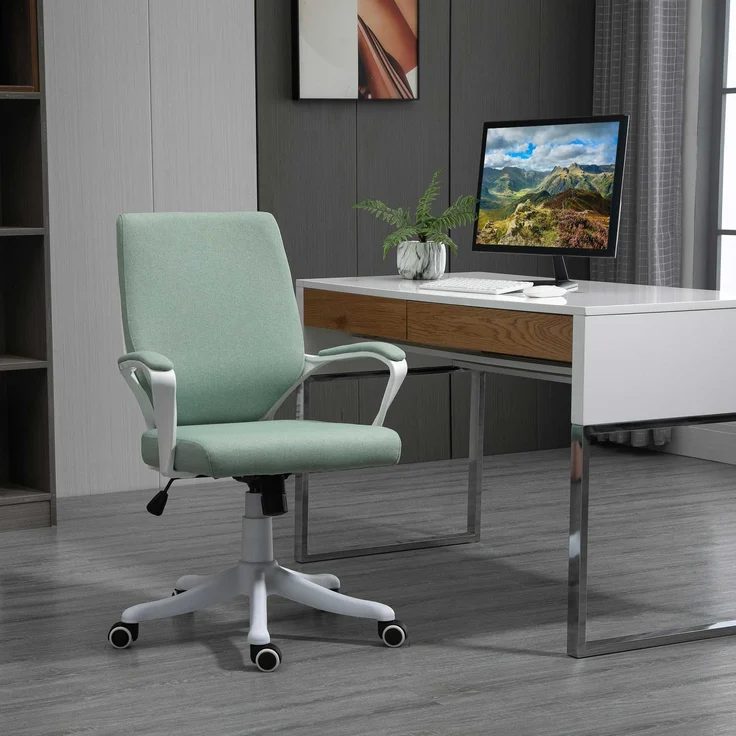 Wohnora-Bürostuhl Ergonomischer Schreibtischstuhl mit Armlehne, Höhenverstellbarer Drehstuhl mit Wippfunktion, Leinenoptik, Gepolstert Computerstuhl, Grün+Weiß,H 1000cm x T 620cm x B 300cm – Bild 4