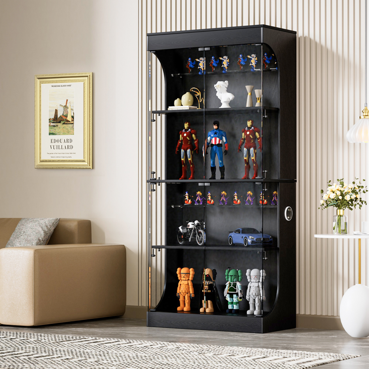 Vierstöckige Glasvitrine mit Stauraum, LED-Beleuchtung, Glastüren und intelligenten Sensoren, Als staubdichte Glasvitrine für Wohnzimmer, Schlafzimmer und Büros geeignet, Schwarz, 80*35*165cm--Schwarz--80x35x165cm--YOUDENOVA – Bild 4