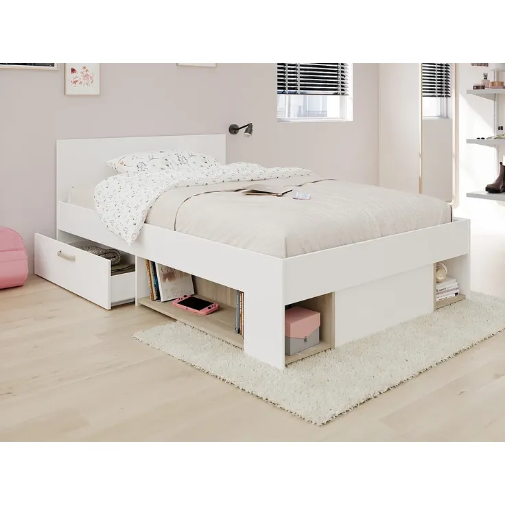 Vente-unique - KINSELIA Bett Holz, Platte BeigeWeiß - B 203,4 cm x H 76 cm x L 124 cm