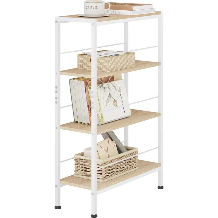 WOLTU Regal, Nischenregal mit 4 Ebenen, Küchenregal Gewürzregal stehend, Standregal Leiterregal schmal, für Küche Wohnzimmer, Holzwerkstoff Metall, Weiß Helle Eiche, 50 x 78 x 20 cm, RGB52whe
