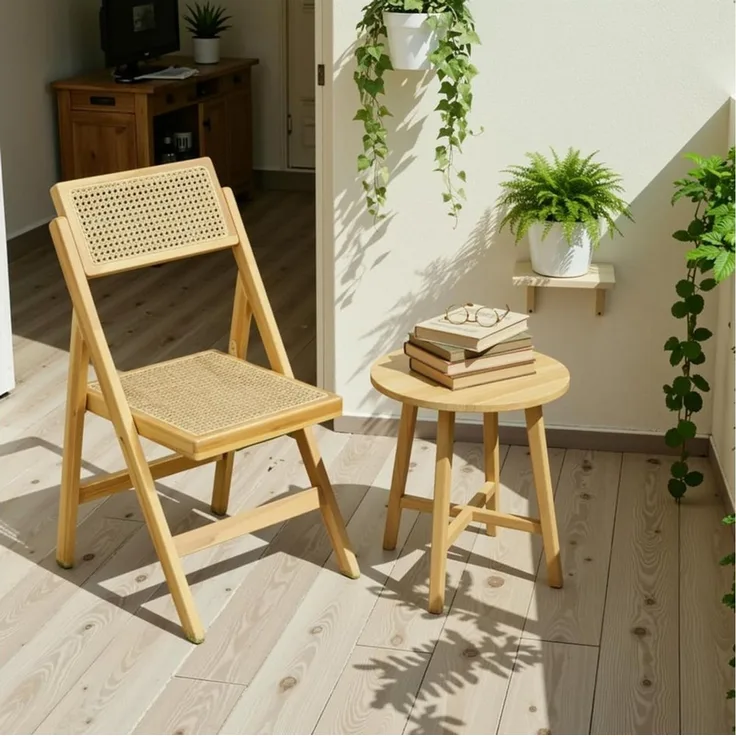 TLGREEN Klappstuhl aus Holz,Faltbar Esszimmerstuhl, (87 x 46 x 43 cm Rattan Stuhl mit Wiener Geflecht, 1 St), Rattan Stuhl, Balkonstuhl, Naturfarben