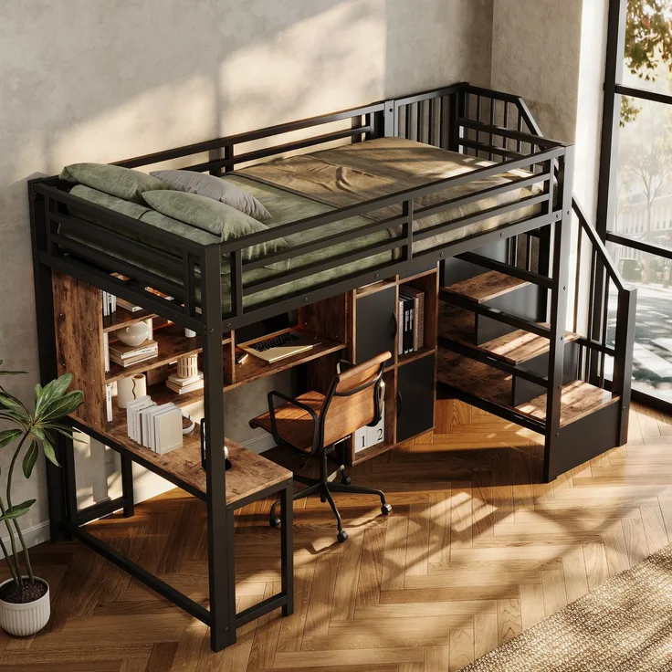 Hochbett, 90x200 cm, Metallbettgestell, Leiterschrank, Ablagefach, LED-Lichtleiste, Ohne Matratze, schwarz