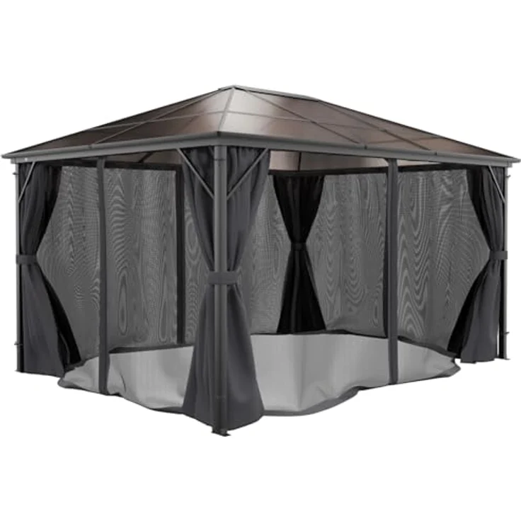 GARMIO Pavillon Rom, Metallgestell mit 4 Säulen, Schwarz, wasserdicht, UV-Schutz, mit Vorhang und Mückennetz, 3x4m, 2,7m Höhe, inklusive Montagezubehör – Bild 6