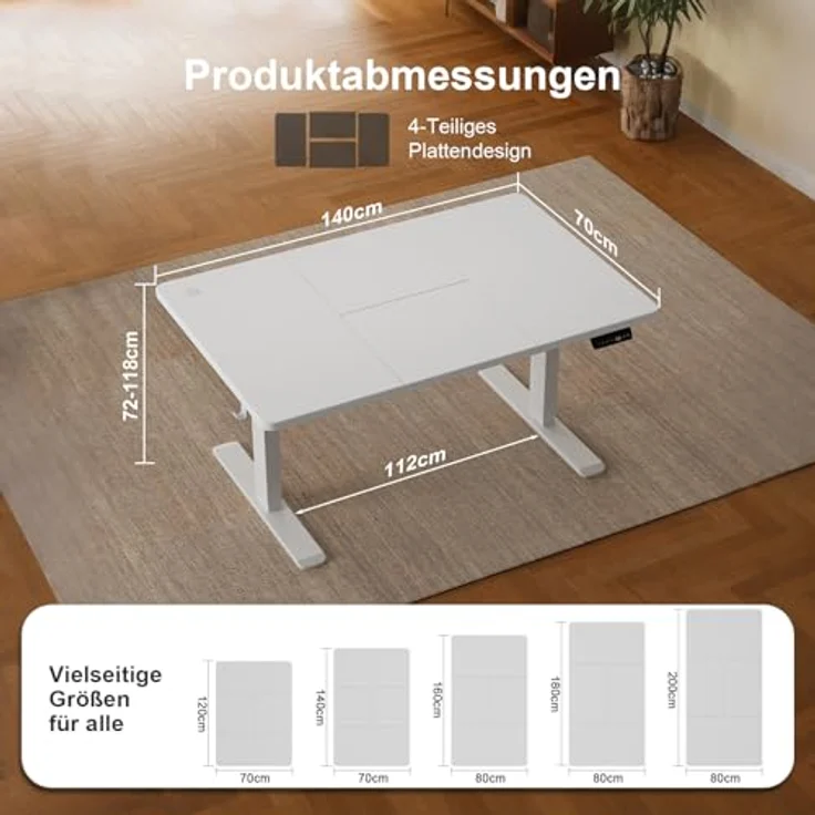 JUMMICO Schreibtisch elektrisch höhenverstellbar mit Kabelwanne & USB-Buchse, Weiß, 140x70 cm – Bild 3