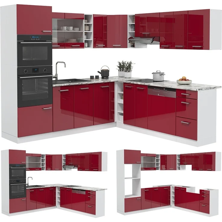 Eckküche R-Line Rot Hochglanz/Weiß 247 x 237 cm ohne Arbeitsplatte Vicco – Bild 6