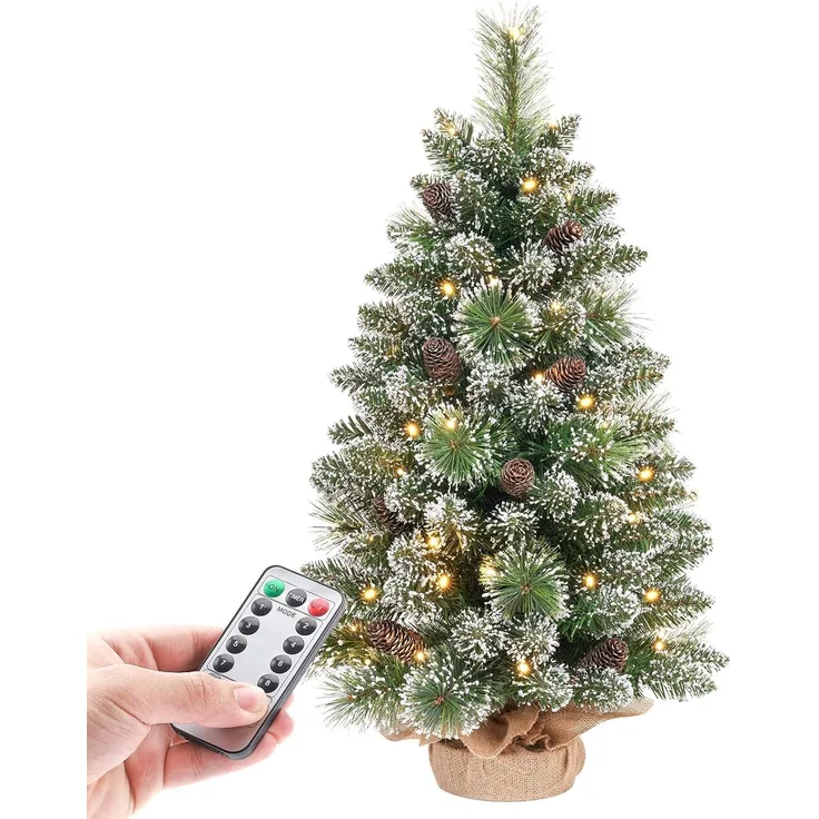 Yorbay Künstlicher Weihnachtsbaum Mini Weihnachtsbaum mit 50 warmweiß LEDs 70cm Tannenbaum, Mini Weihnachtsbaum, Mit Fernbedienung, mit Schnee mit weißer Spitze
