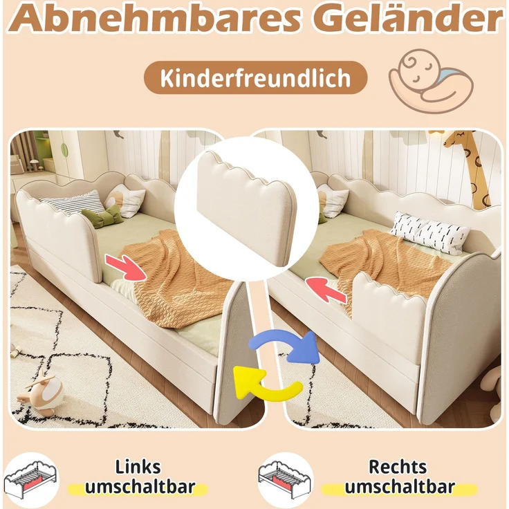 EINHOM Polsterbett Daybett 90 x 190 cm, Tagesbett Schlafsofa mit Ausziehbett 90 x 190 cm, Kinderbett mit Lattenrost, Leinen, Beige, (Ohne Matratze) – Bild 3