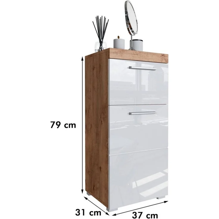 Newroom Kommode Wildeiche 37 cm, Wildeiche Weiß Hochglanz Kommode Badezimmer Schrank mit viel Stauraum – Bild 4