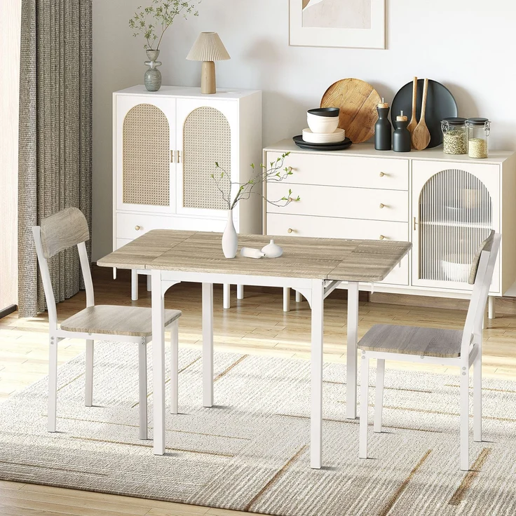 MELAYR, 2-teilige Sitzgruppe, Klappbarer Esstisch mit 2 Stühlen, Klapptisch, 110 cm x 70 cm x 75 cm, Weiß + Natur – Bild 3