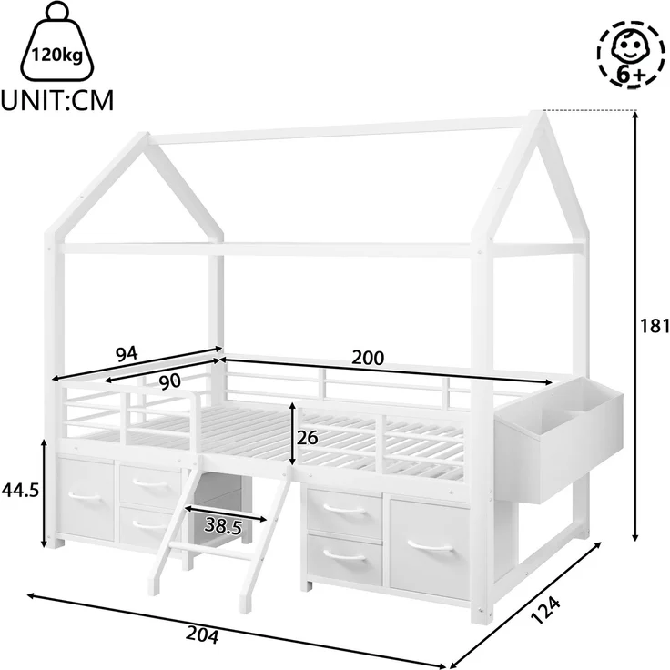 EINHOM Hochbett 90 x 200 cm mit Hausdach, LED-Beleuchtung Kinderbett aus Metall mit mehreren Stoffschubladen, Weiß (Ohne Matratze) – Bild 2