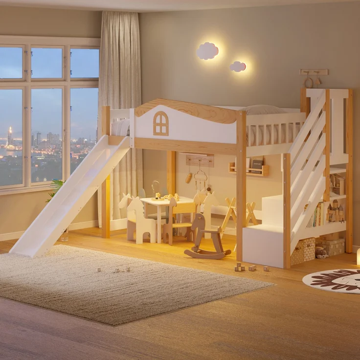 Halbhohes Bett, 90x200cm, Sicherheitsgeländer, Stauraumleiter, Rutsche, mit LED-Lichtleiste, Weiß – Bild 1