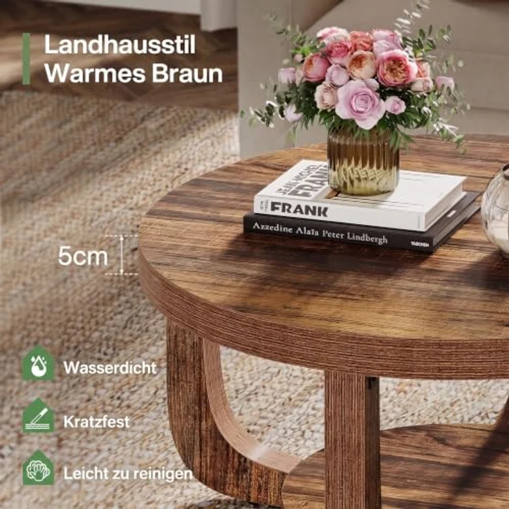 LITTLE TREE Runder Couchtisch 80 cm, 2-stöckiger Wohnzimmertisch mit Ablage | Landhausstil Kaffeetisch, Holz‑Optik Tisch für Wohnzimmer, Schlafzimmer und Lounge – Bild 3