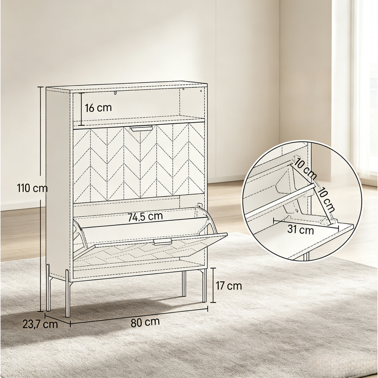 DESVIAE Garderobenschrank Weiß aus MDF/Partikelplatte – 80x110x23,7 cm – 2 Kippschränke, offenes Fach – Bild 7