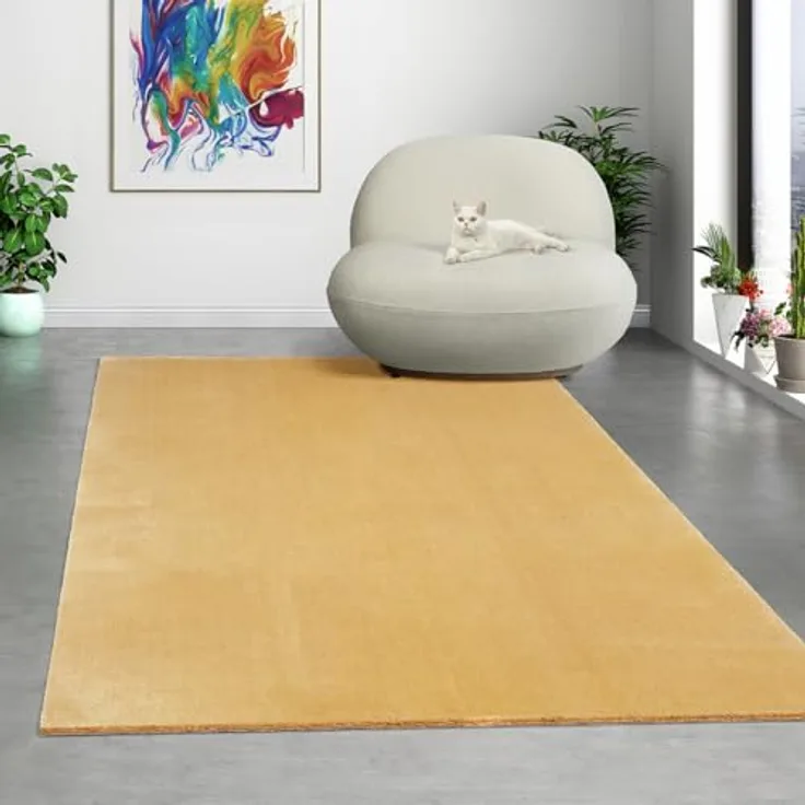 Mia's Teppiche Comfort Moderner Flauschiger Kurzflor Teppich, Anti-Rutsch Unterseite, Waschbar bis 30 Grad, Super Soft, Felloptik, Gold, 200 x 280 cm