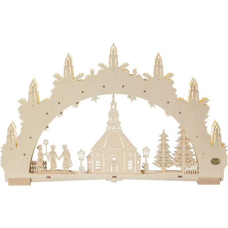 Saico LED-Schwibbogen Seiffener Kirche 7-flammig mit Timer 52x32 cm warmweiß natur
