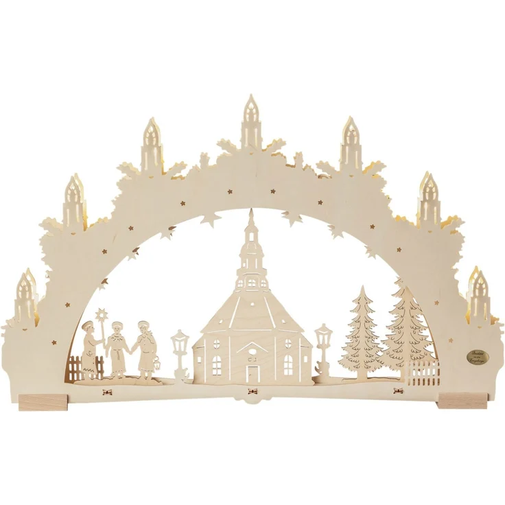 Saico LED-Schwibbogen Seiffener Kirche 7-flammig mit Timer 52x32 cm warmweiß natur
