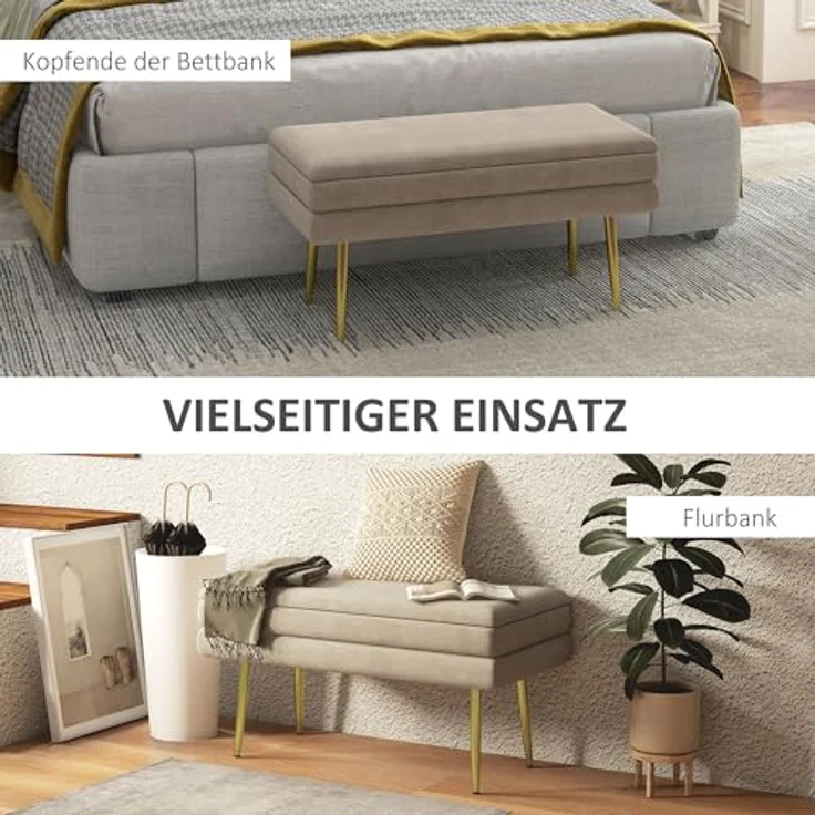 HOMCOM Sitzbank, Polsterbank mit Stauraum, Samtoptik, Bettbank mit Stahlbeine, Schuhbank, Aufbewahrungsbank für Wohnzimmer, Schlafzimmer, Beige, 79,5 x 37,5 x 43 cm – Bild 6