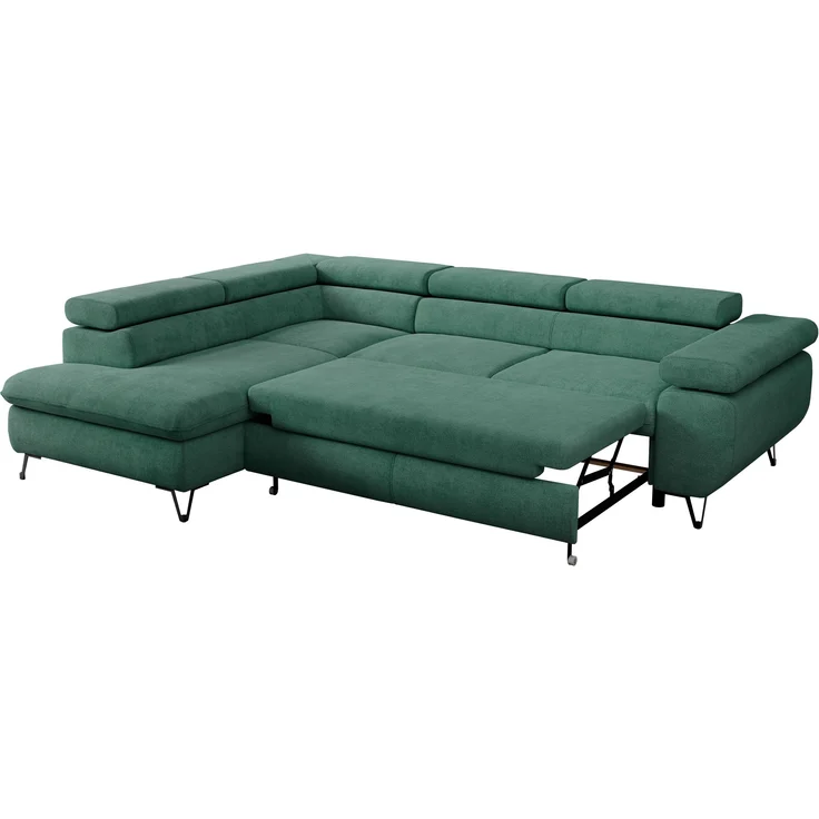 Mks Möbel 'Peter L-form' Ecksofa mit Bettfunktion, Bettkasten & einstellbaren Kopfstützen, Grün, Stoff, links – Bild 6