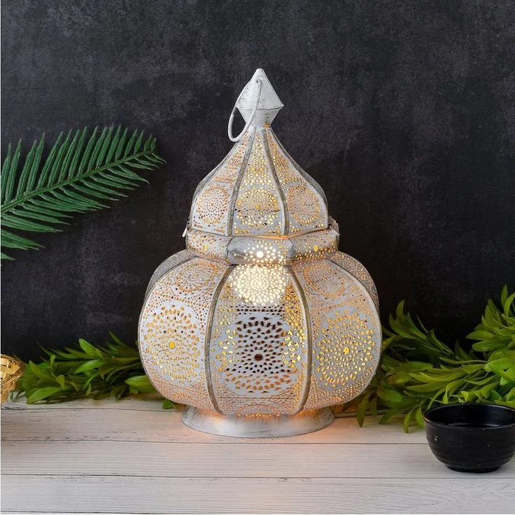 Marrakesch Orient & Mediterran Interior Nachttischlampe Orientalische Laterne Leuchte Tischlampe Lamisa Weiss, Handarbeit – Bild 1