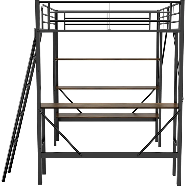 Merax 90 x 200cm Bettgestell Metallbett, Eisenbett, Hochbett mit Schreibtisch und drei großen Ablagen für Kinder, Jugendliche und Erwachsene, schwarz – Bild 7