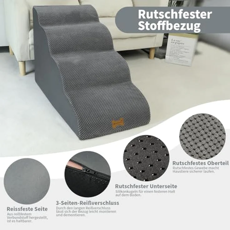 Nepfaivy Hundetreppe für Kleine Hunde 4-Stufig, Haustiertreppe für Bett und Sofa aus Hochdichtem Schwamm, Hunde Treppe Hunderampe mit Abnehmbarem, Waschbarem Bezug und Rutschfestem Boden, 75 x 50 x 40 cm – Bild 5