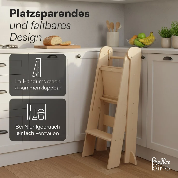 Bellabino 'Tay' Lernturm für Kinder ab 1 Jahr, Tritt 2-fach höhenverstellbar, natur, Birke Sperrholz, klappbar, Tritthocker bis 50 kg belastbar – Bild 8