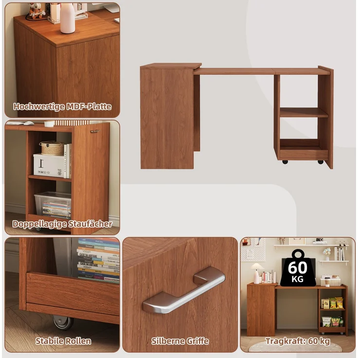 Schreibtisch aus Spanplatte, klappbar mit 4 Ablagefächern & Rollen, 126x55x75 cm, Walnuss – Bild 9