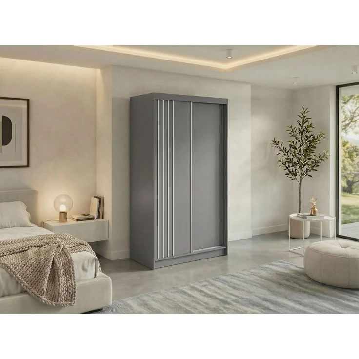 Schwebetürenschrank NAURU mit Lamellen-Optik, moderner Kleiderschrank, Breite 120 cm, inkl. Innenausstattung & Stauraum, Akustikpaneel-Design - Grau und Weiß - mit Schubladen – Bild 1