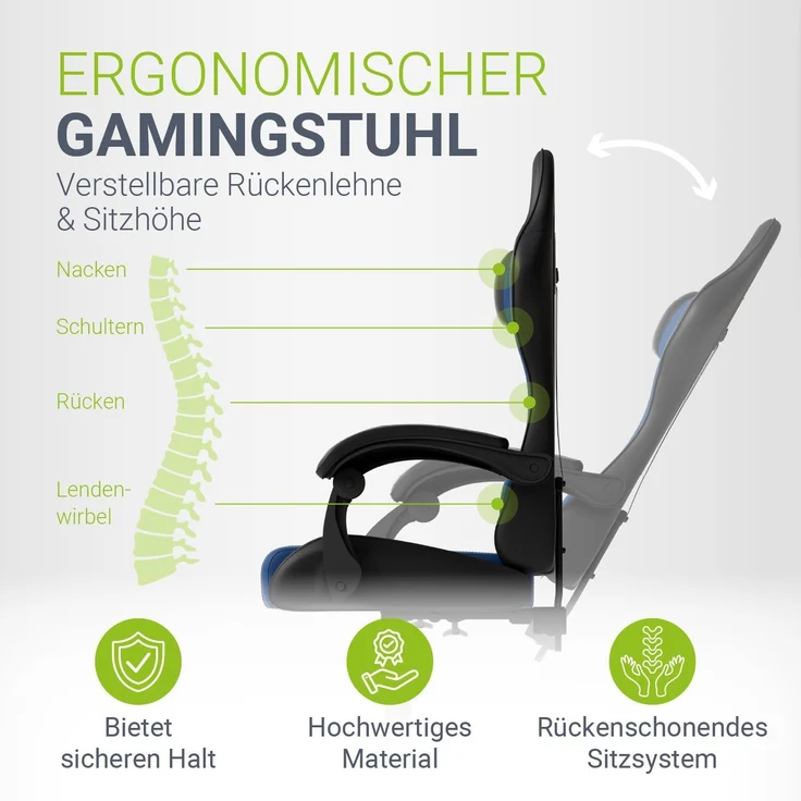 Juskys Gamingstuhl HyperSeat, verstellbare Rückenlehne, höhenverstellbarer Drehstuhl, Kunstleder, ergonomisch, für Büro & Gaming Setup – Schwarz/blau – Bild 2