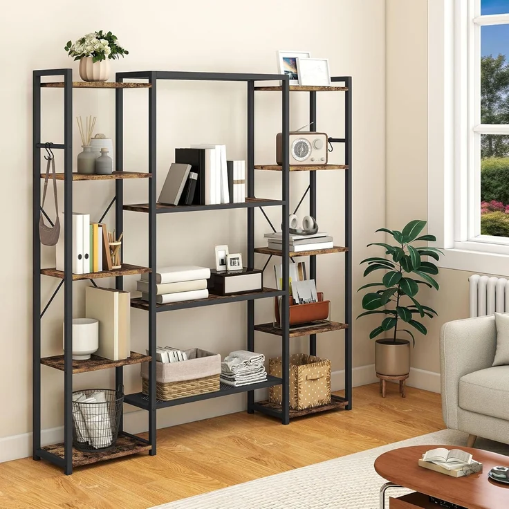 YITAHOME Industrie Bücherregal, Standregal mit 13 Regalböden, Holzregale und Regaleinheit mit Metallrahmen, Bücherständer und Lagerregal, für Wohnzimmer, Heimbüro, Vintagebraun – Bild 1