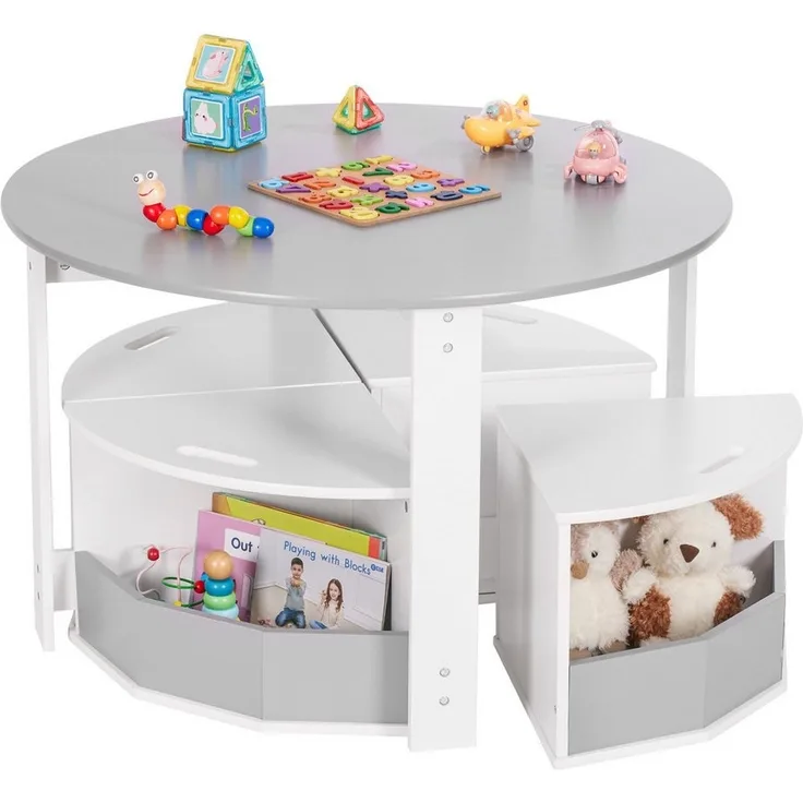 Yorbay Kindersitzgruppe Groß mit vielem Stauraum, 4 multifunktionaler Stühlen, (5-tlg, ⌀79 x 51 cm, Kindertisch mit kombinierbarer Stühlen, Runden Tisch)