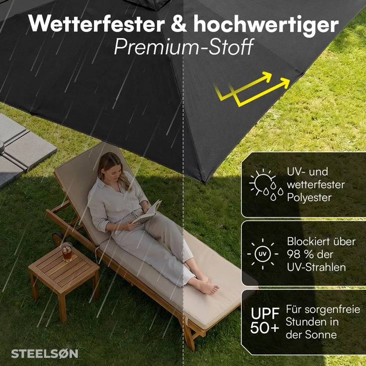 STEELSØN 'Lyrion' Sonnenschirm LED Solar 300x300 cm quadratisch, neigbar und 360-Grad drehbar, schwarz, Ampelschirm inkl. Abdeckung, UV50+ – Bild 6