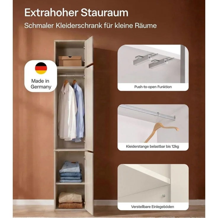 mokebo Kleiderschrank Beige 'Robe' Schrank Deckenhoch Kaschmir Push-to-Open (234 cm hoch) Made in Germany, Kleiderschrank grifflose Schubladen & Türen Beige – Bild 3