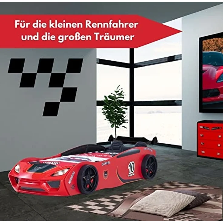Coemo Autobett DREAM RACER (Spielbett mit Spoiler), Rot Kinderbett 90x200 Sportsitz Rückenpolster, Lattenrost LED-Licht – Bild 5