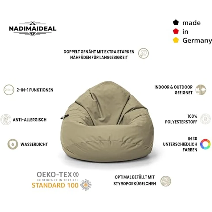 Nadimaideal Sitzsack Tropfenform Kastanie | Bodenkissen für Kinder & Erwachsene | Indoor & Outdoor | Gaming Sitzsack - Sitzkissen - Beanbag | Füllung EPS Perlen (Gold, XXL-Durchmesser 88 cm) – Bild 4