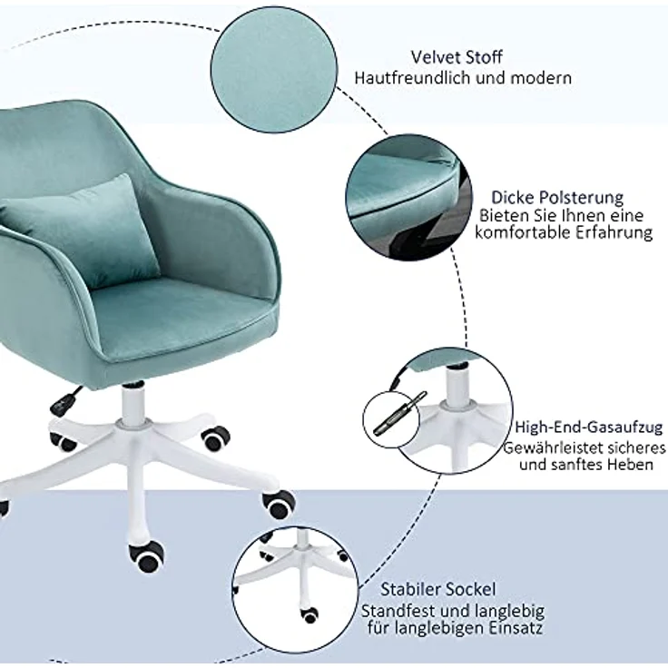 Vinsetto Massage-Drehstuhl, grüner Bürostuhl mit Lendenkissen und USB-Vibrationsfunktion, 70x86x57 cm – Bild 8