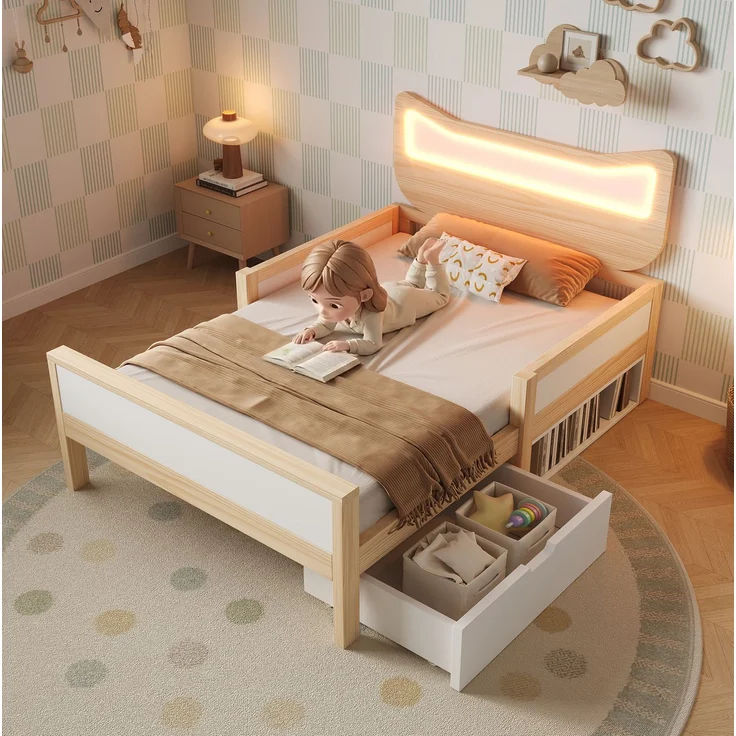 CHICFURN Bett aus Holz Weiß/Eiche 90x190 cm mit RGB-LED-Beleuchtung und Stauraum – Bild 1