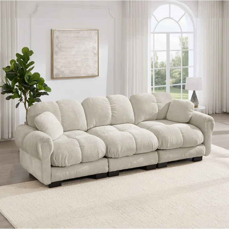 DESVIAE Sofa 3-Sitzer mit Steppnähten 260x86x90 cm Chenille Hellkhaki – Bild 2