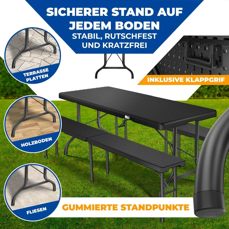 KESSER® Buffettisch Tisch klappbar Kunststoff 183x76 cm Rattan Optik Campingtisch Partytisch Klapptisch Gartentisch für Garten Terrasse und Balkon zusammenklappbar 6 Personen ink. Tragegriff Schwarz – Bild 7