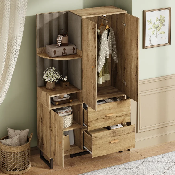 Kompaktgarderobe aus MDF mit Soft-Close & Schubladen, 110x38x186 cm, Natur/Schwarz – Bild 4