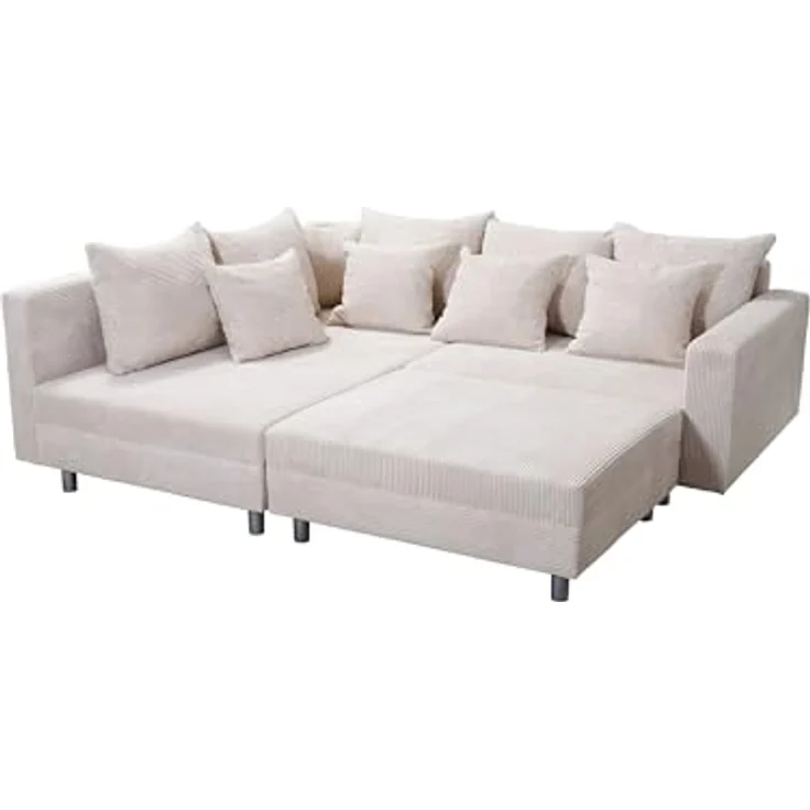 Wohnlandschaft Sofa Couch Ecksofa Eckcouch Cordstoff beige + Hocker Minsk L – Bild 5