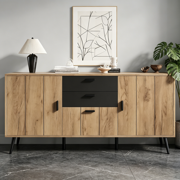 Merax Kommode, Sideboard, Mit Großer Arbeitsplatte, 2 Schubladen, 3 Türen, Beistellschrank Fur Wohnzimmer Esszimmer Küche, Schwarz+Holzfarbe – Bild 3